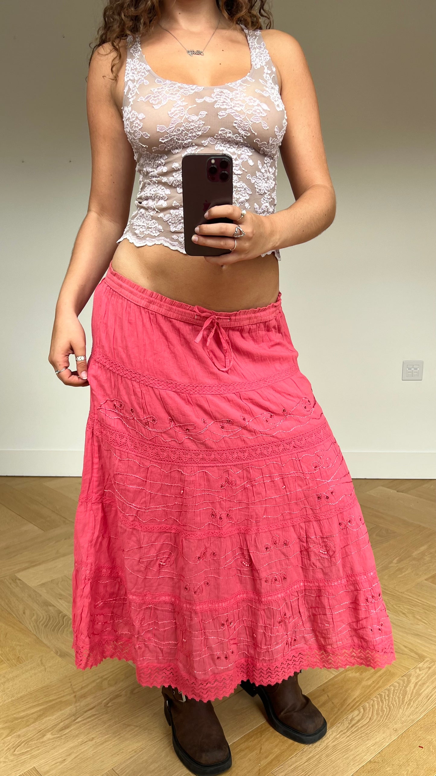 00s coral crochet maxi skirt- size XL