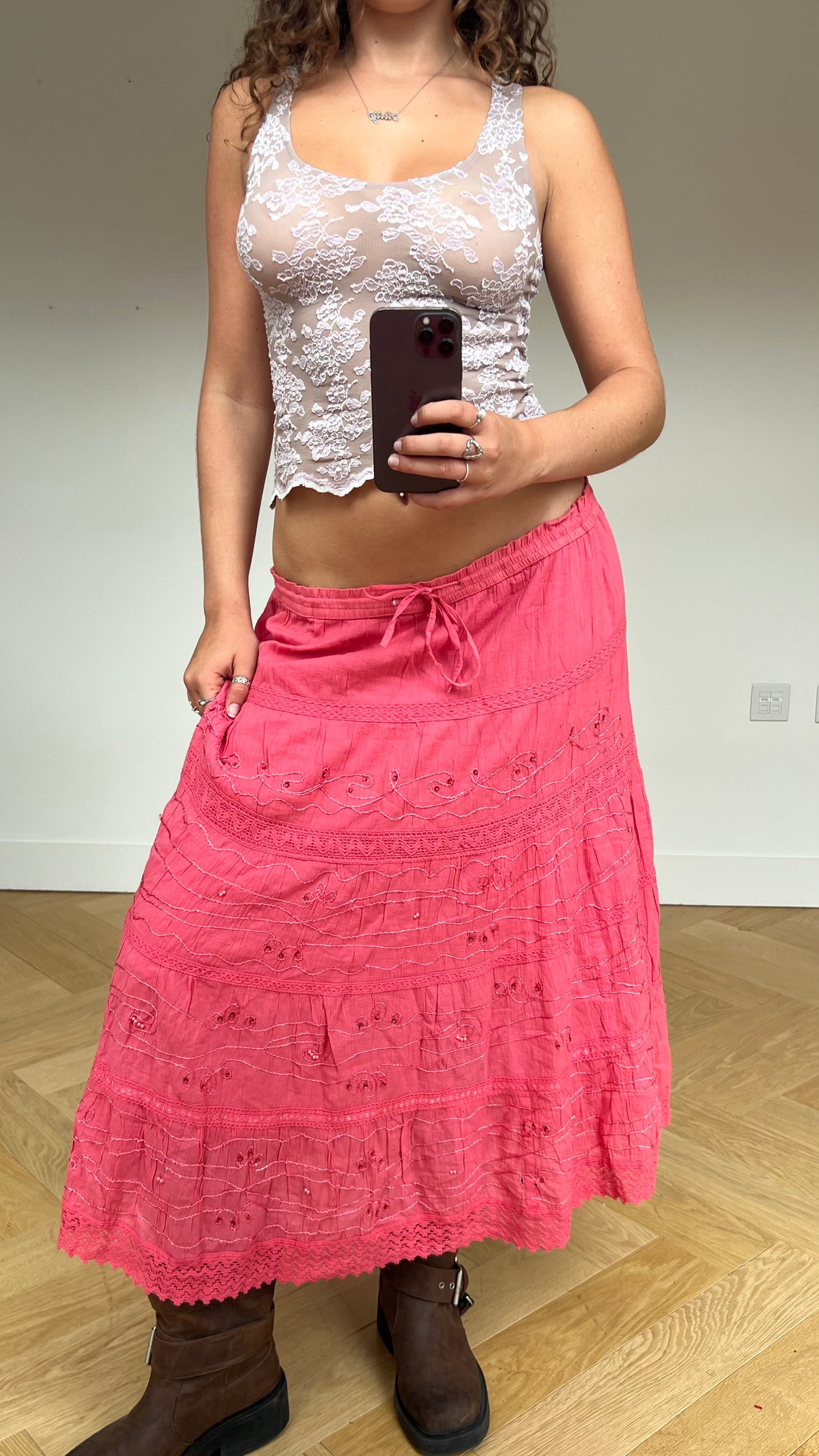 00s coral crochet maxi skirt- size XL