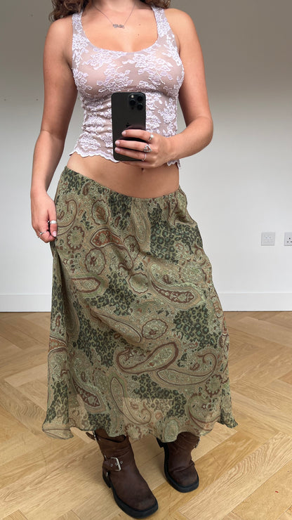 00s khaki paisley maxi skirt- size L
