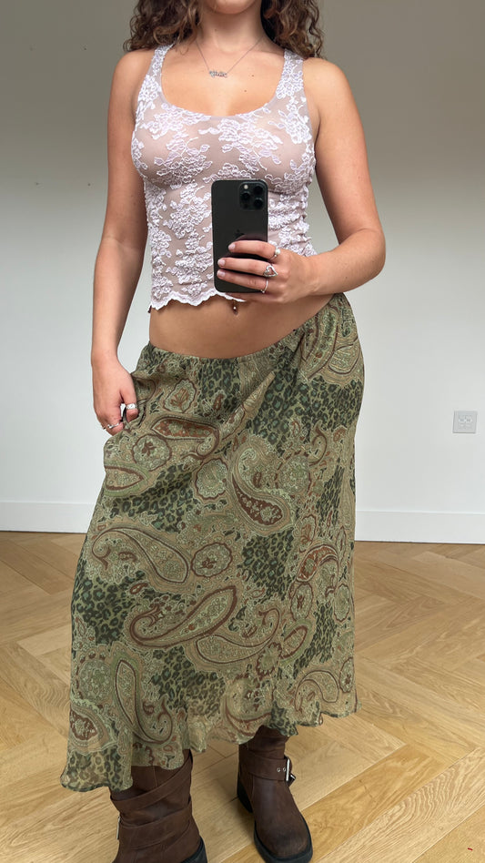 00s khaki paisley maxi skirt- size L