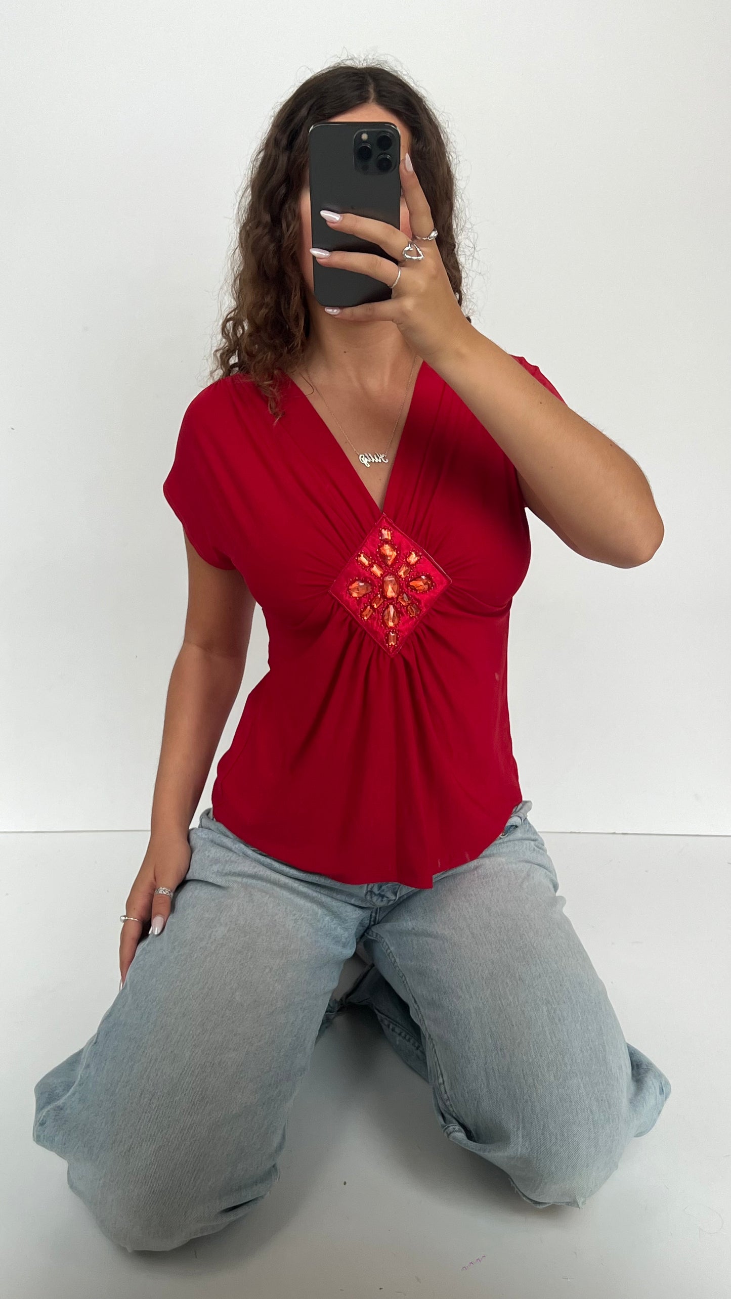 00s red gemstone babydoll top- size XL