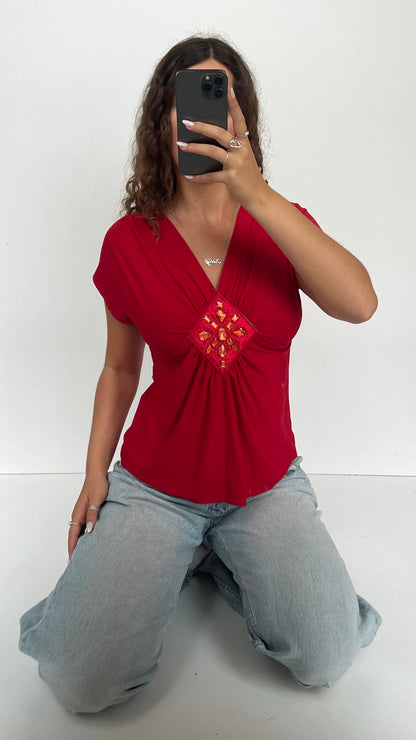 00s red gemstone babydoll top- size XL