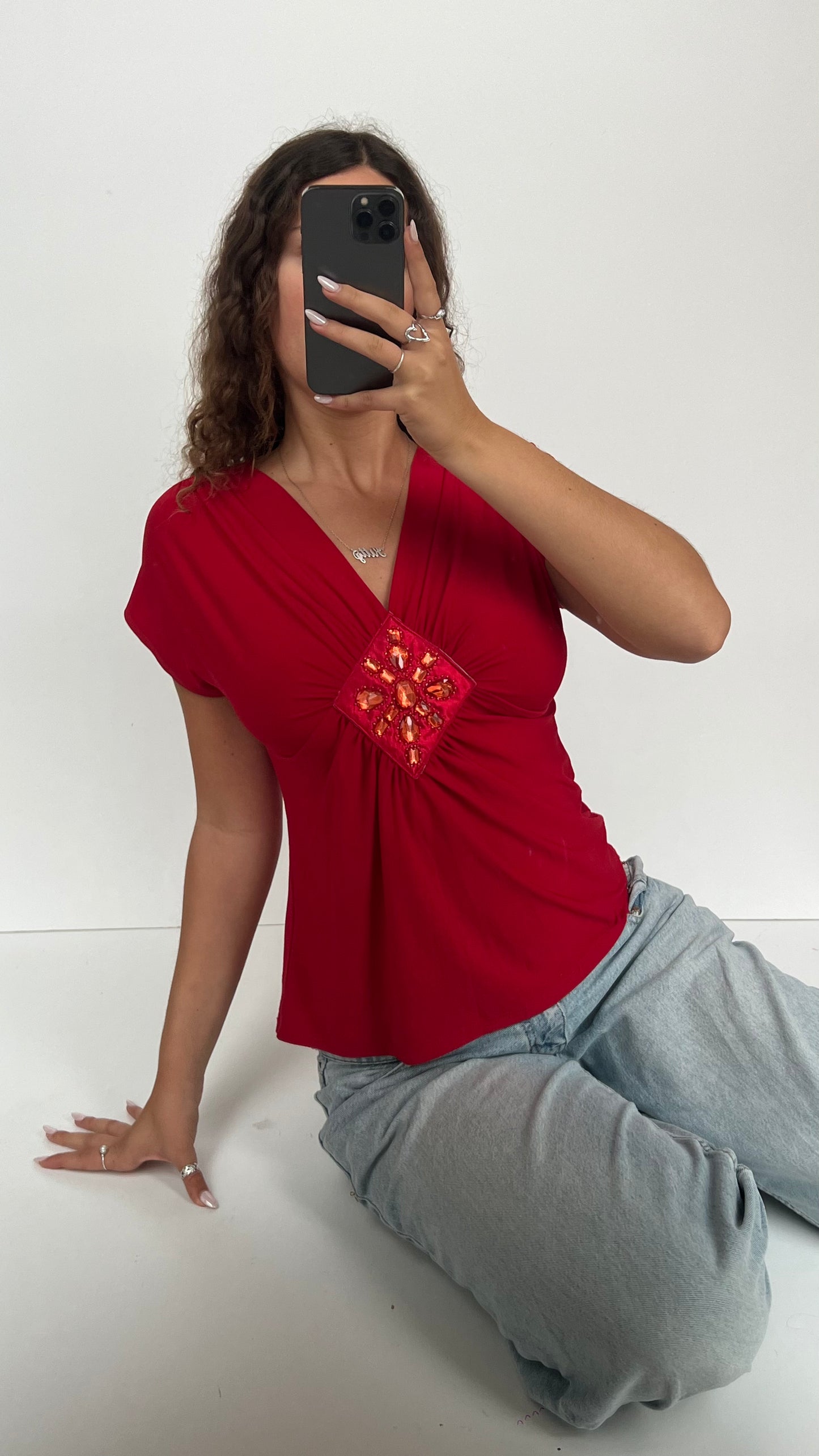 00s red gemstone babydoll top- size XL