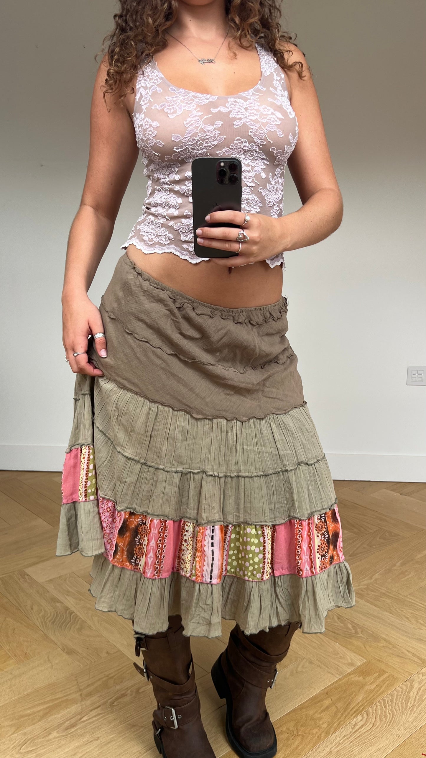 00s khaki boho midi skirt- size S