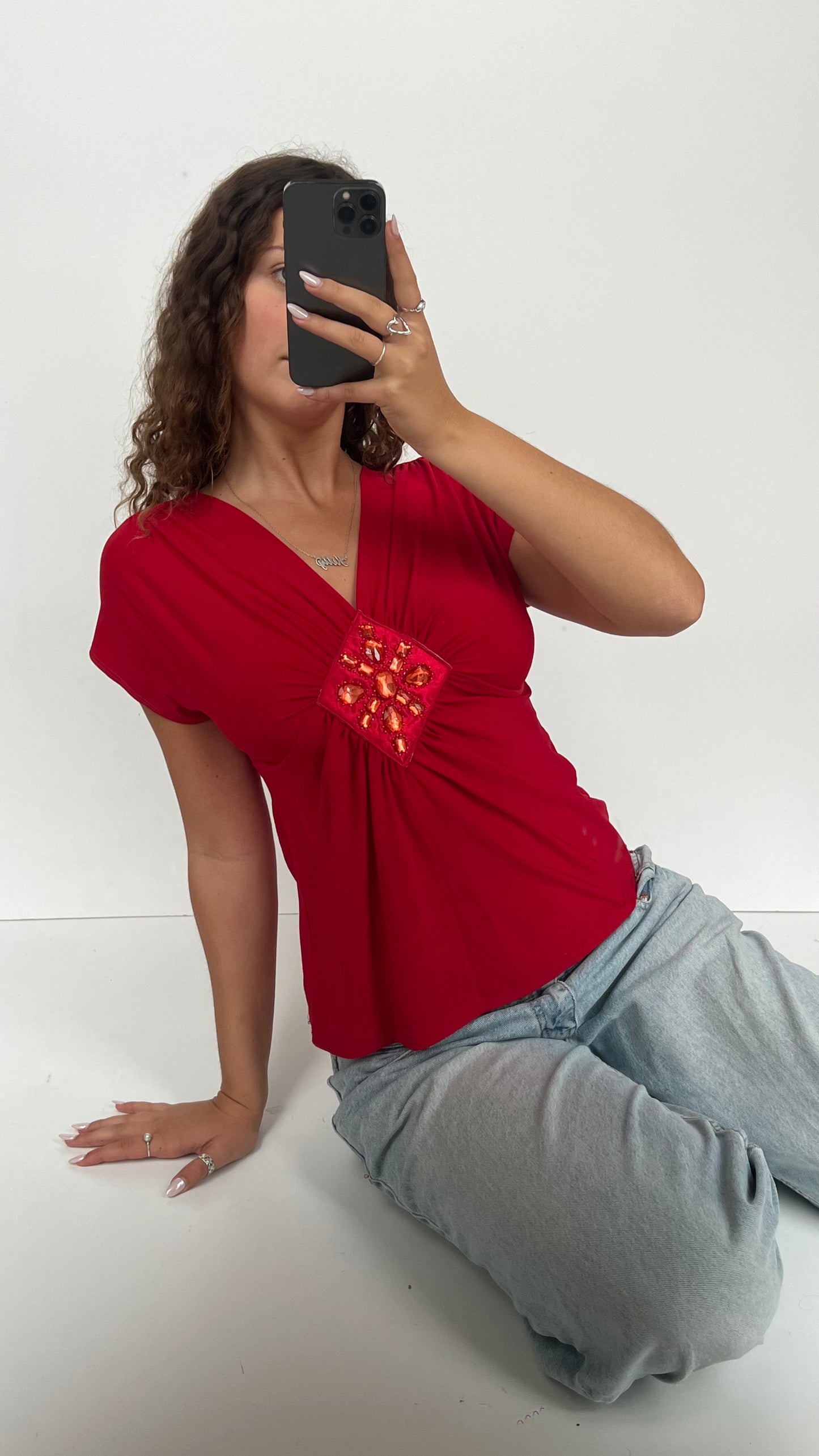 00s red gemstone babydoll top- size XL
