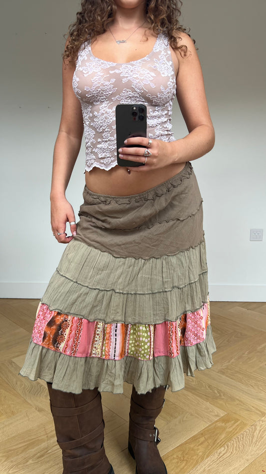00s khaki boho midi skirt- size S