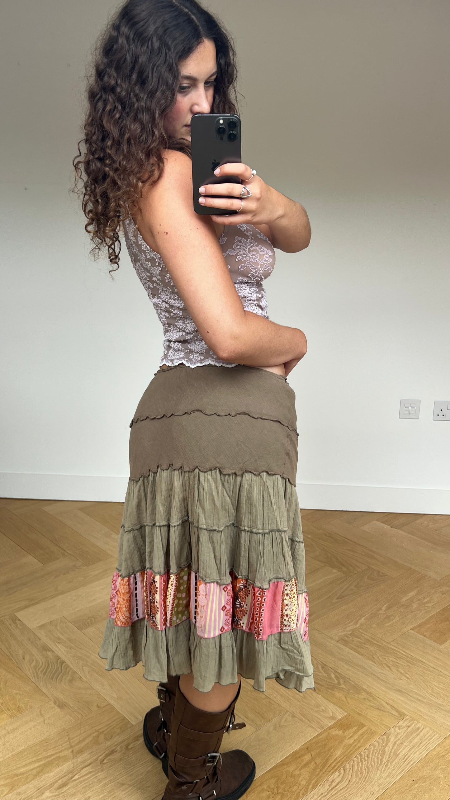 00s khaki boho midi skirt- size S