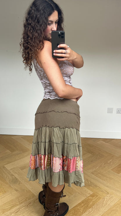 00s khaki boho midi skirt- size S
