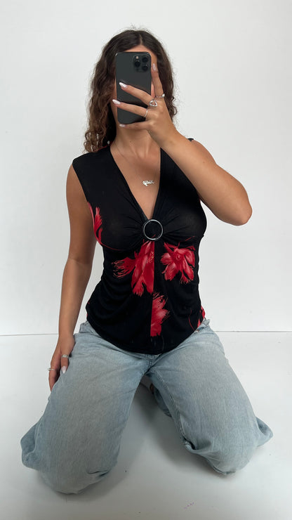 00s black red floral top- size M/L