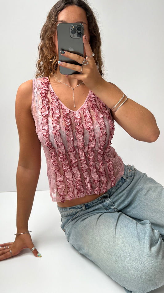00s pink mesh ruffle top- size M