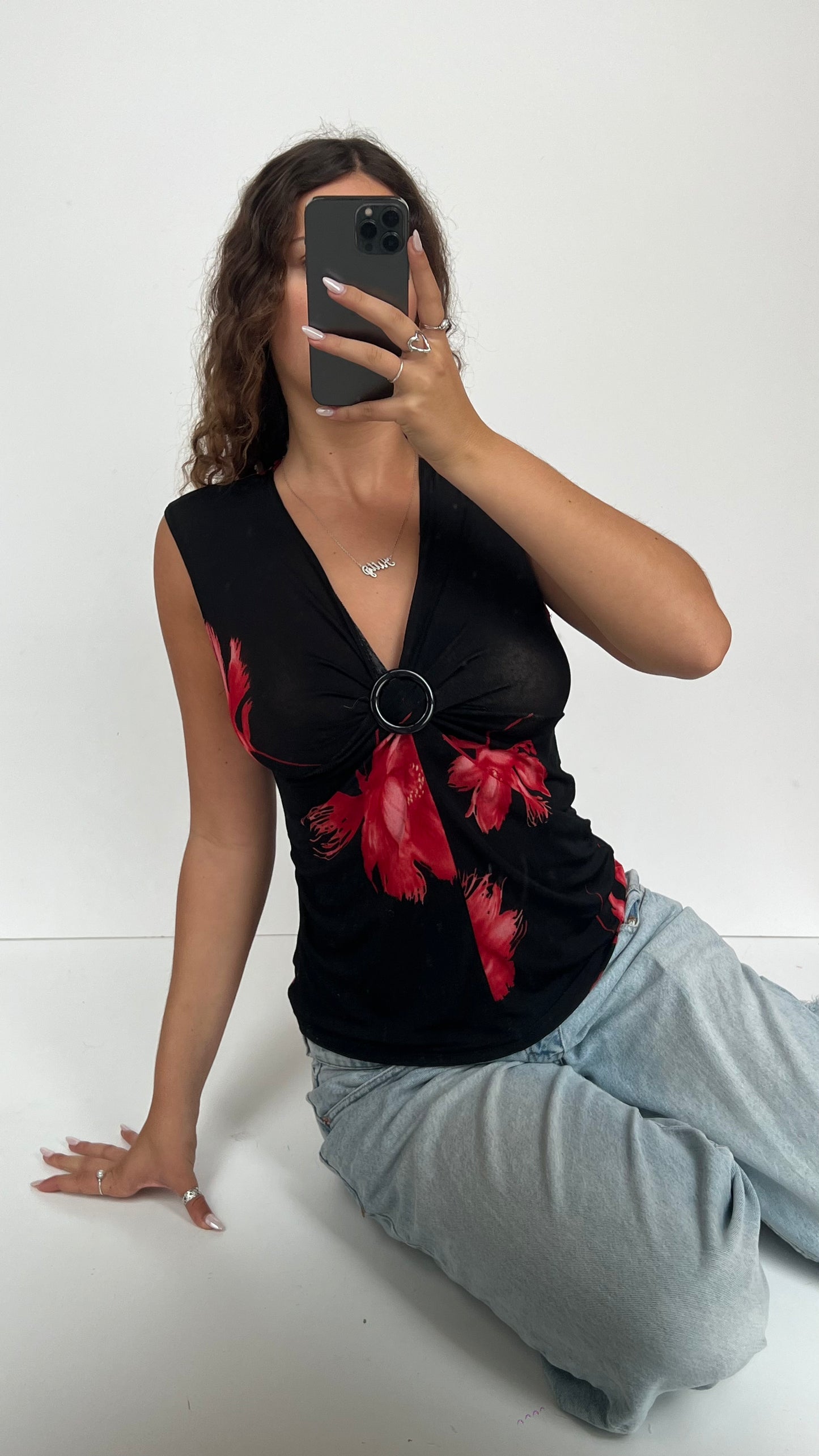 00s black red floral top- size M/L