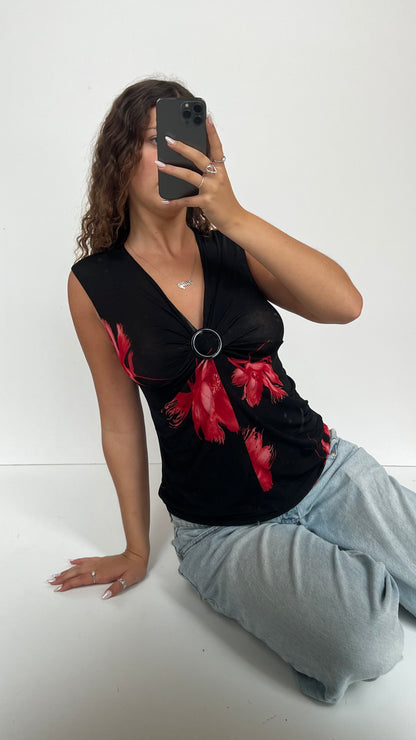00s black red floral top- size M/L