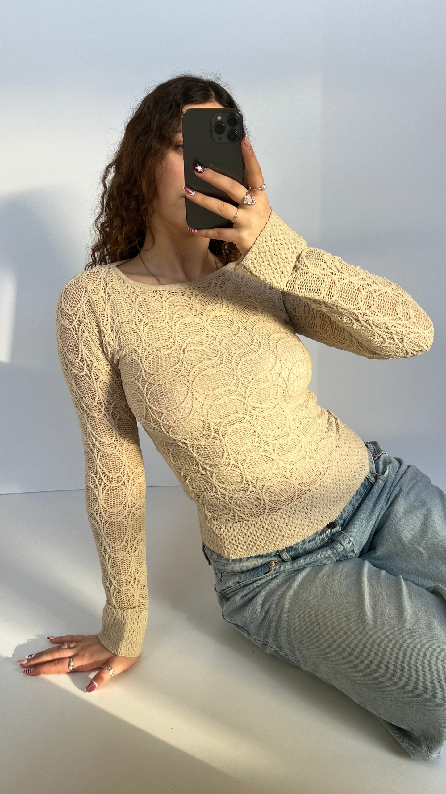 00s cream crochet long sleeve top- size M
