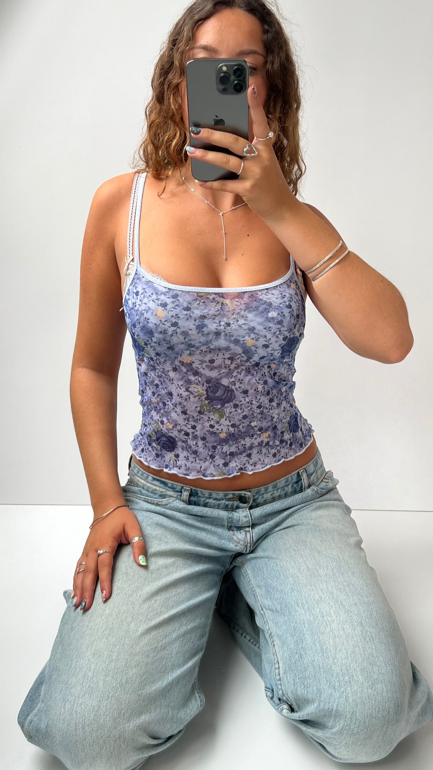 00s blue floral mesh cami- size XS/S