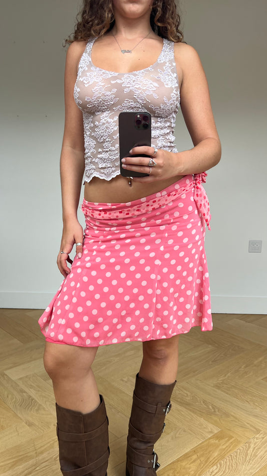 00s pink polka dot midi skirt- size S