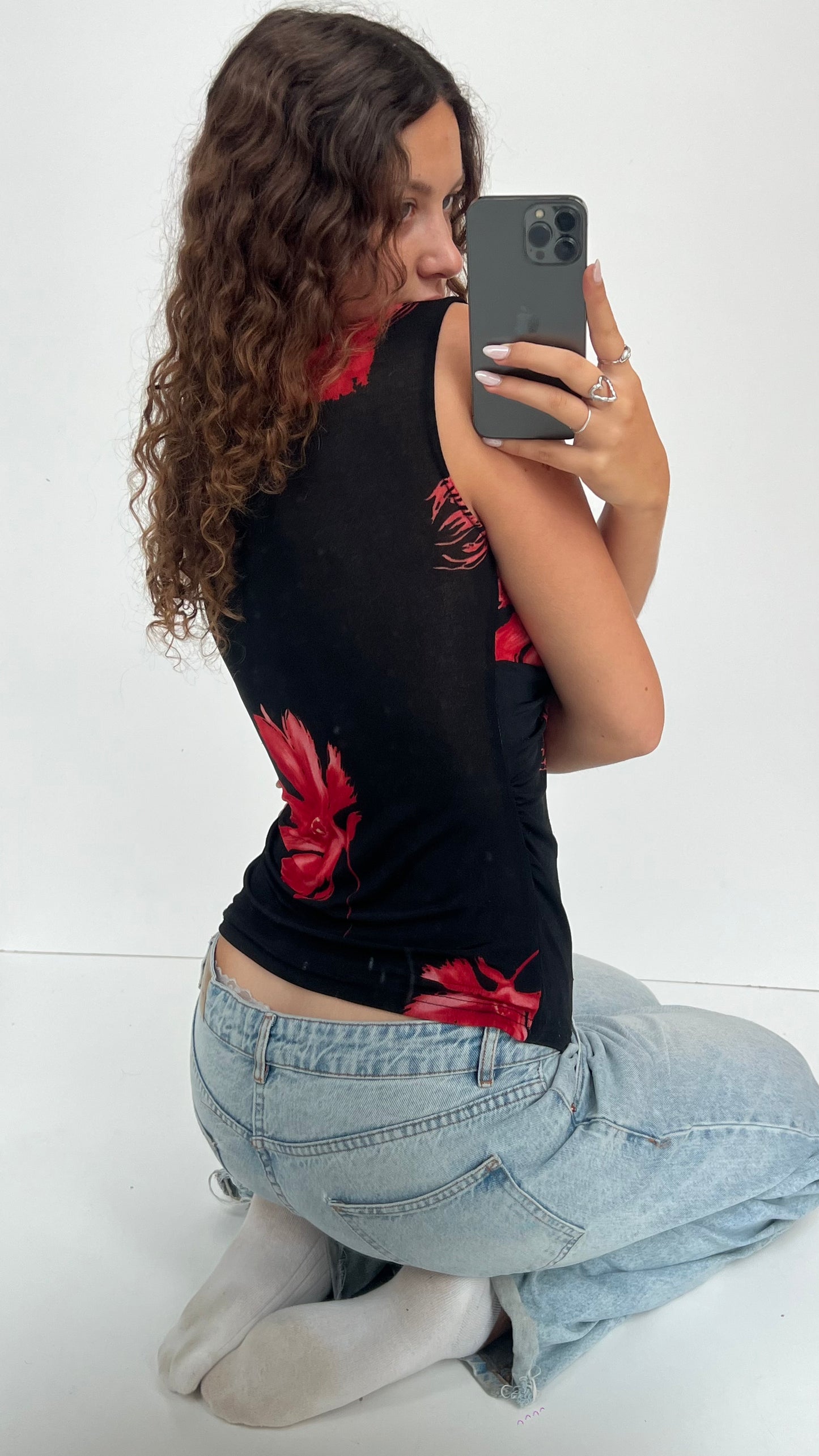 00s black red floral top- size M/L