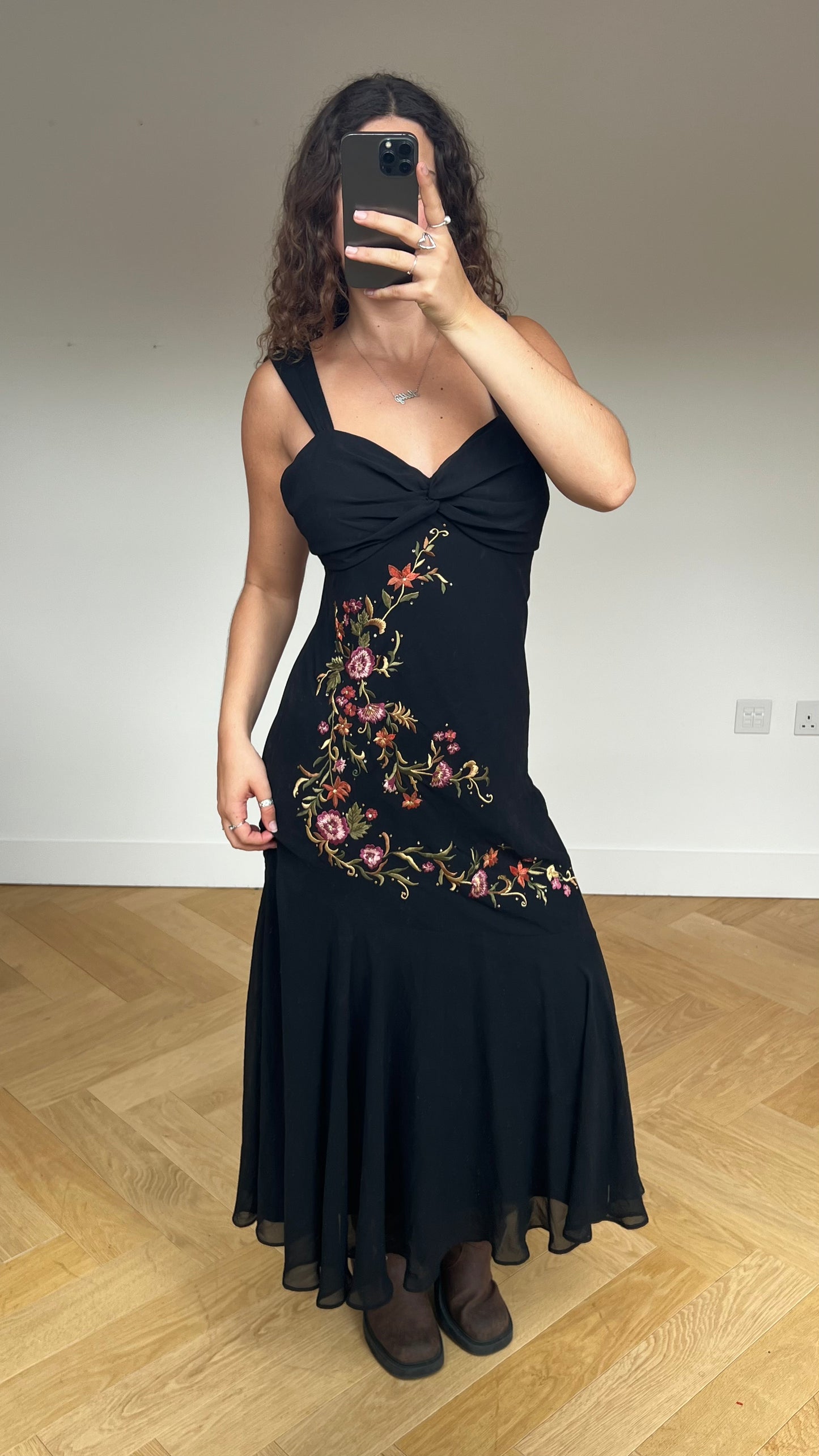 00s black floral maxi dress- size XL