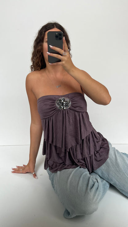 00s brown ruffle beaded top- size S