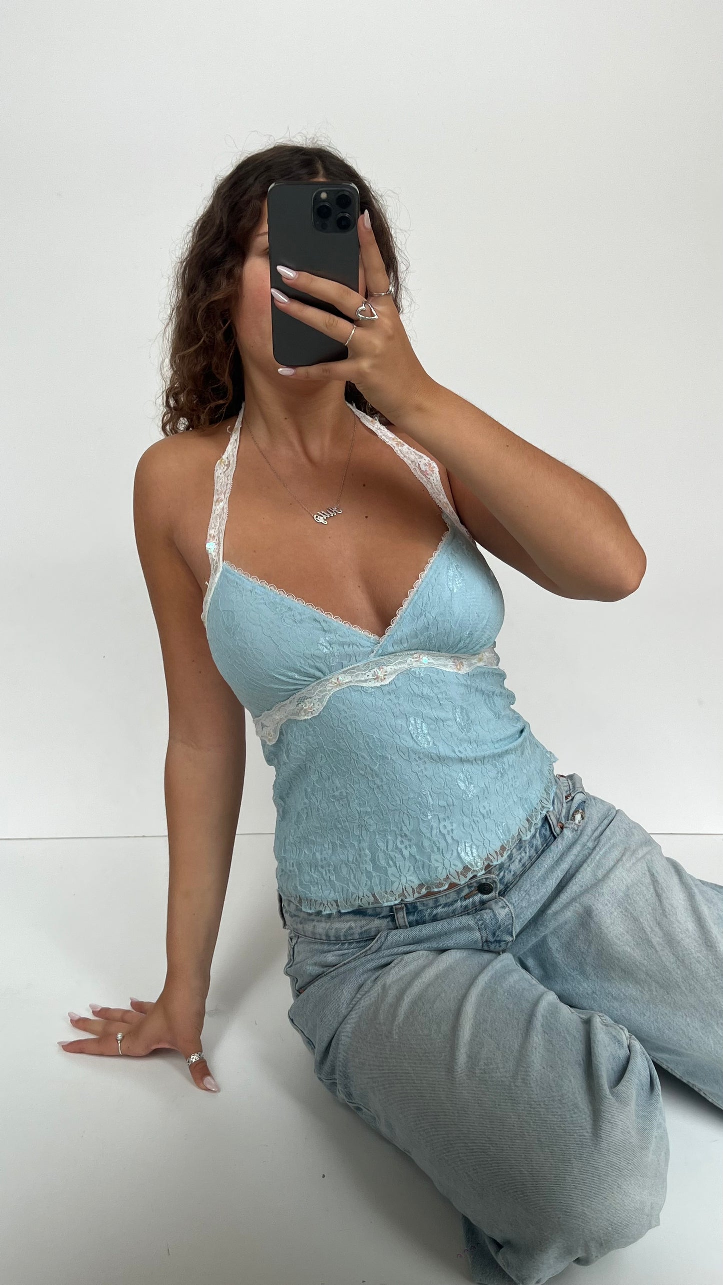 00s blue lace sequin cami- size S