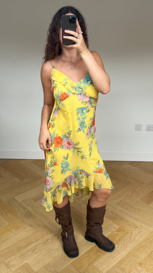 00s yellow floral midi dress- size L