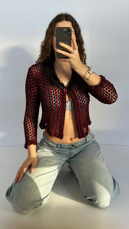 00s red black crochet top- size S