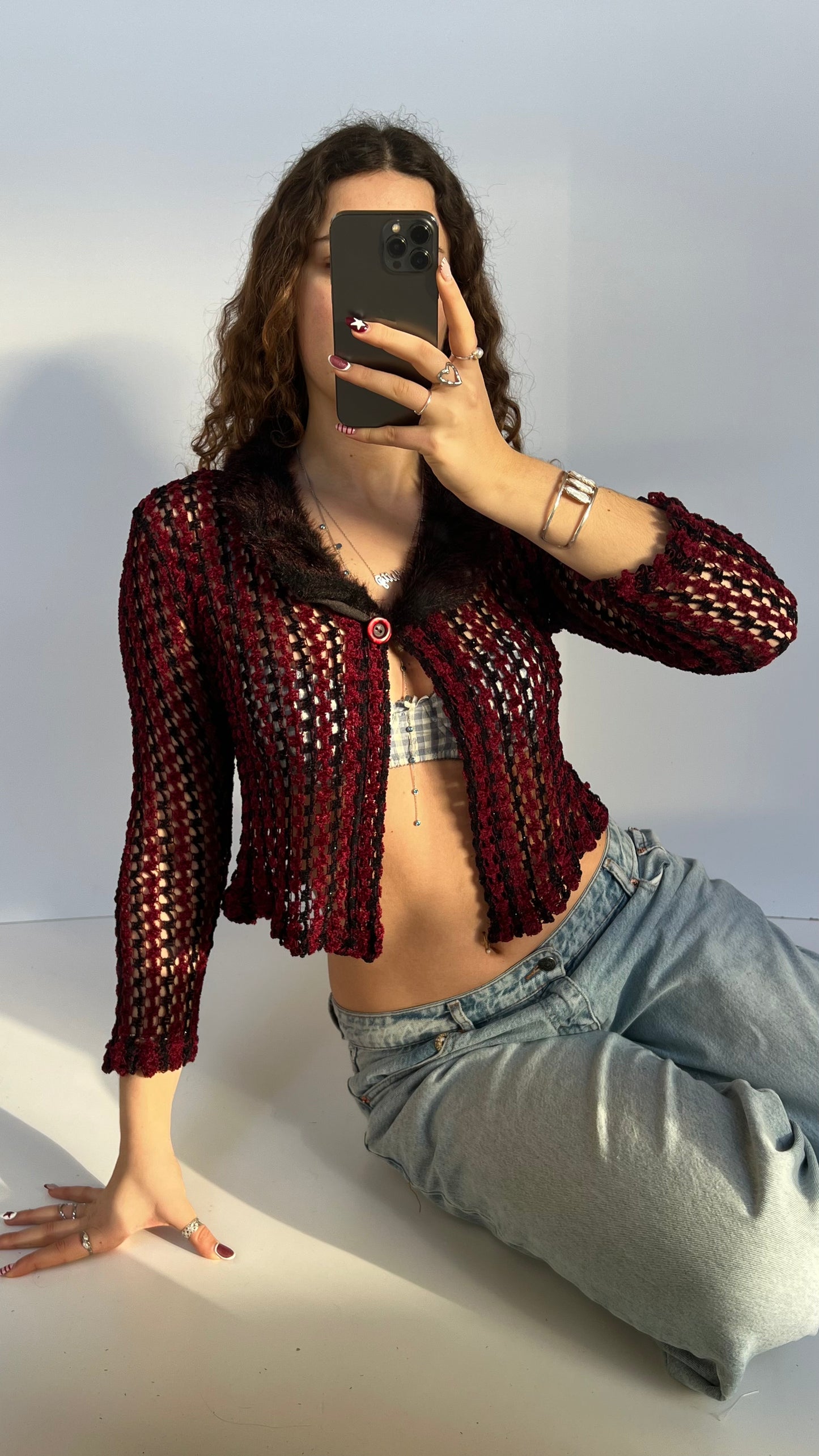 00s red black crochet top- size S