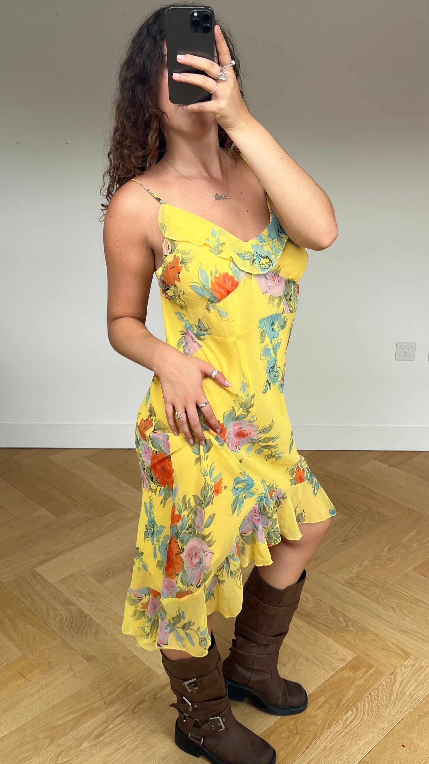 00s yellow floral midi dress- size L