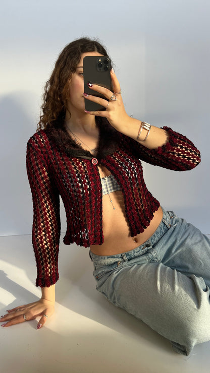 00s red black crochet top- size S