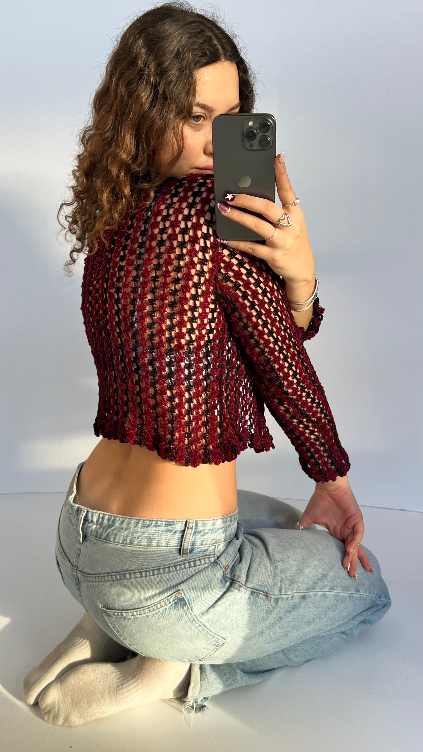 00s red black crochet top- size S