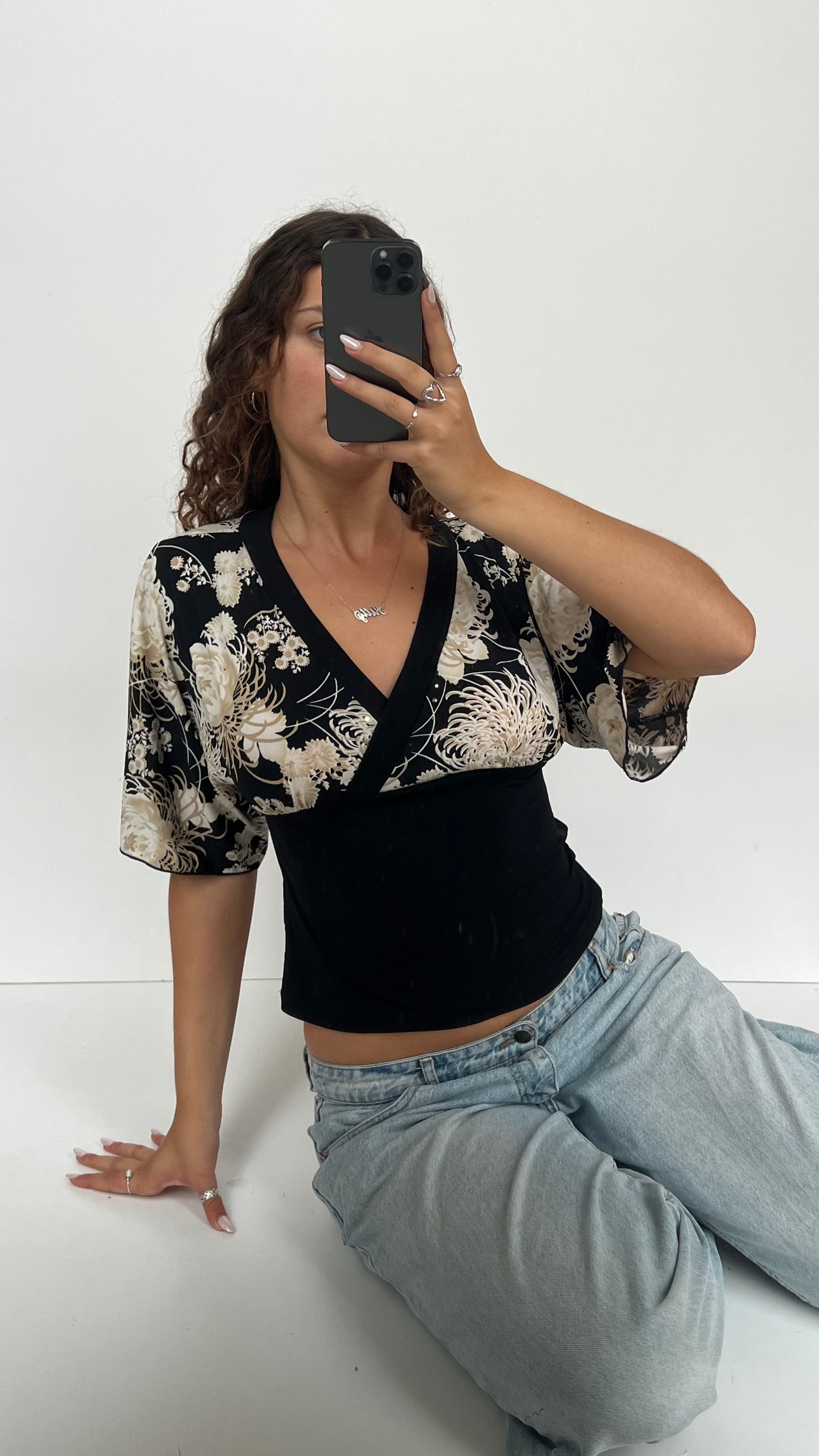 00s black floral top- size L