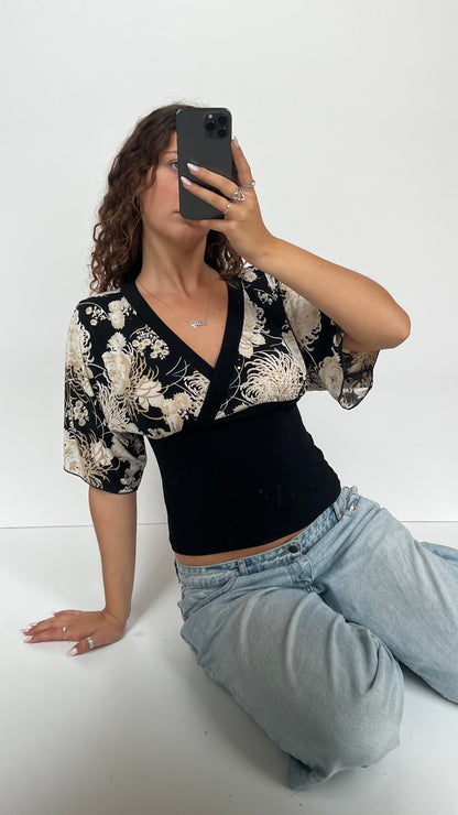 00s black floral top- size L