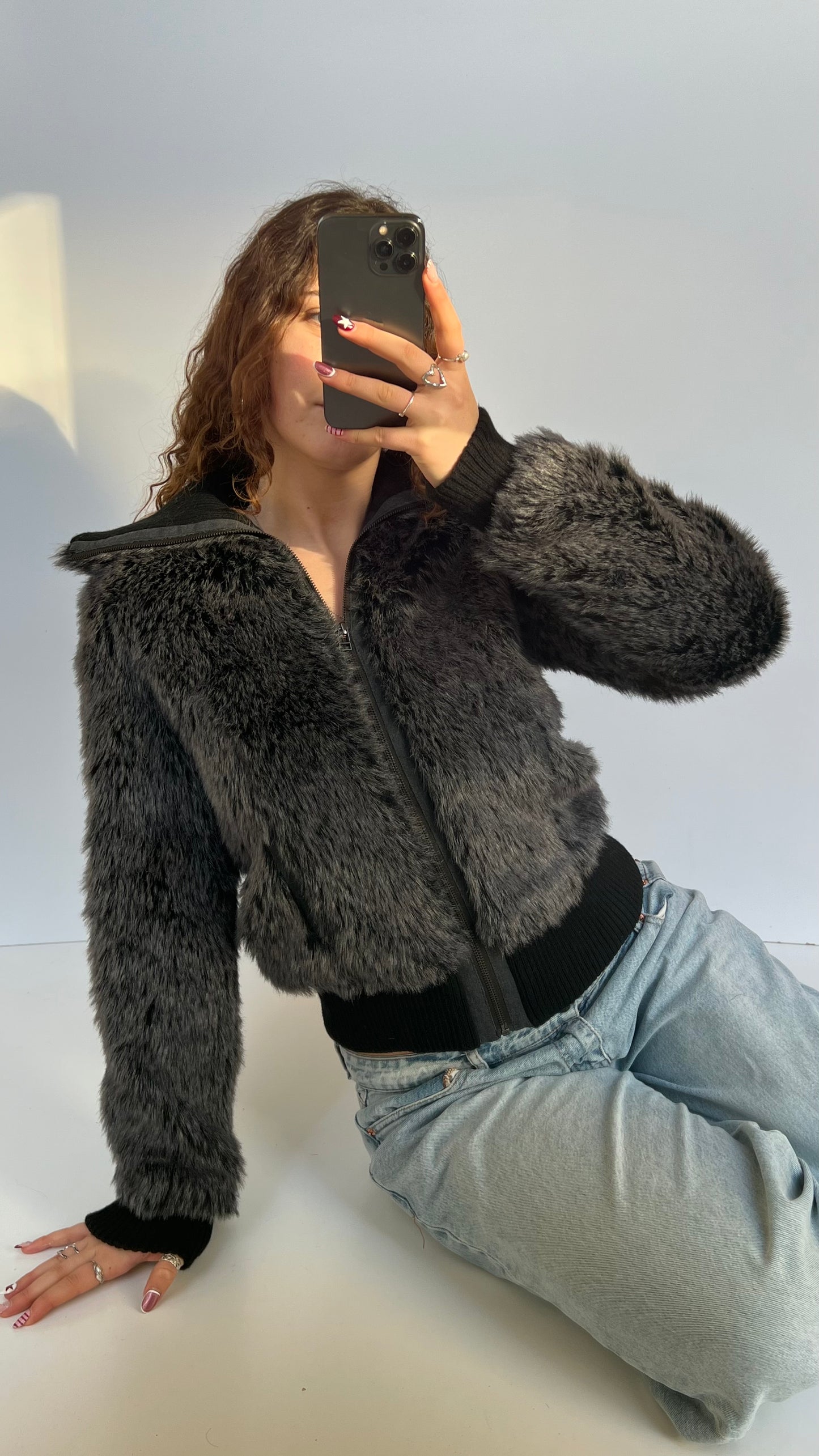 00s black fur jacket- size M