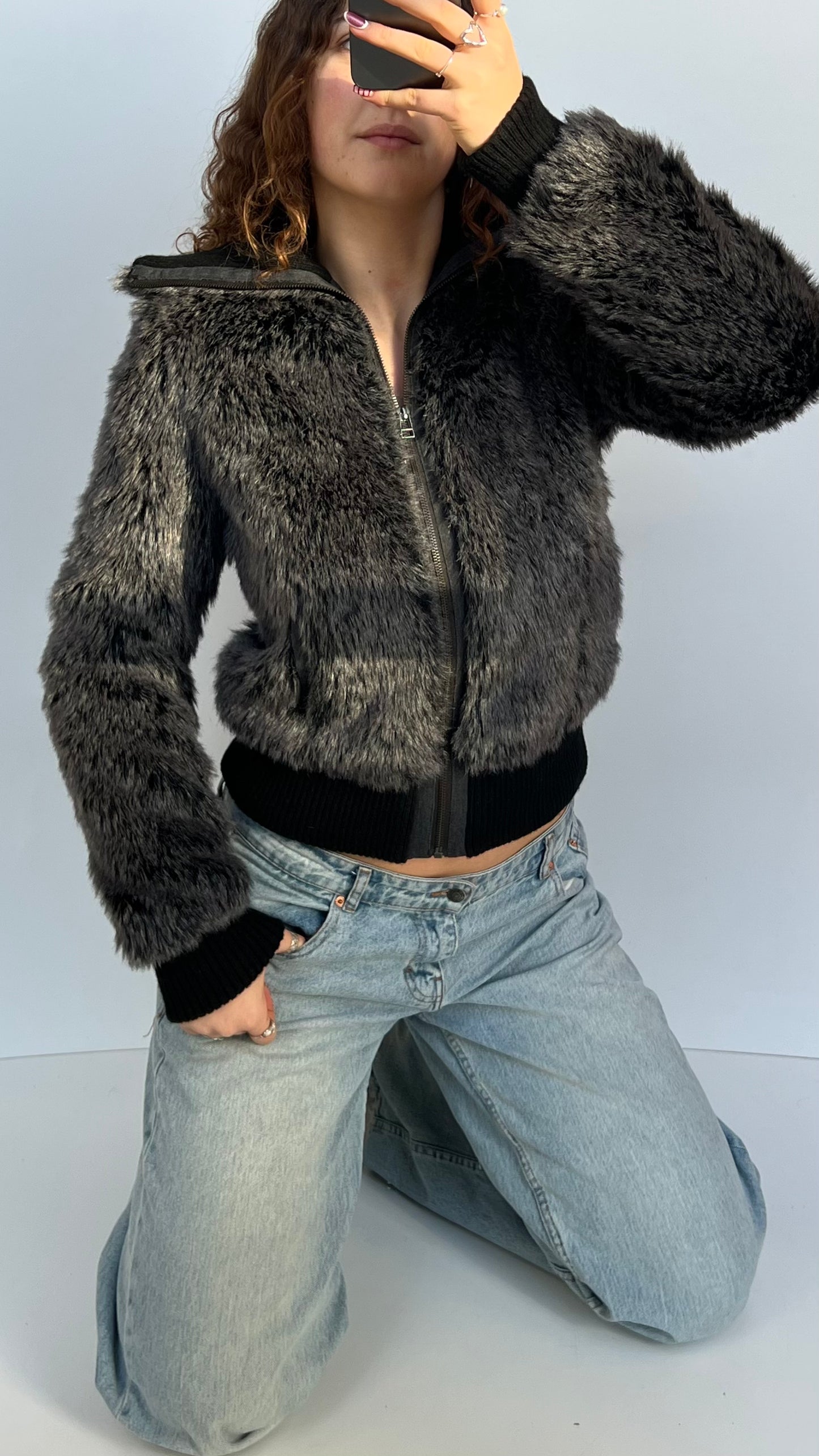 00s black fur jacket- size M