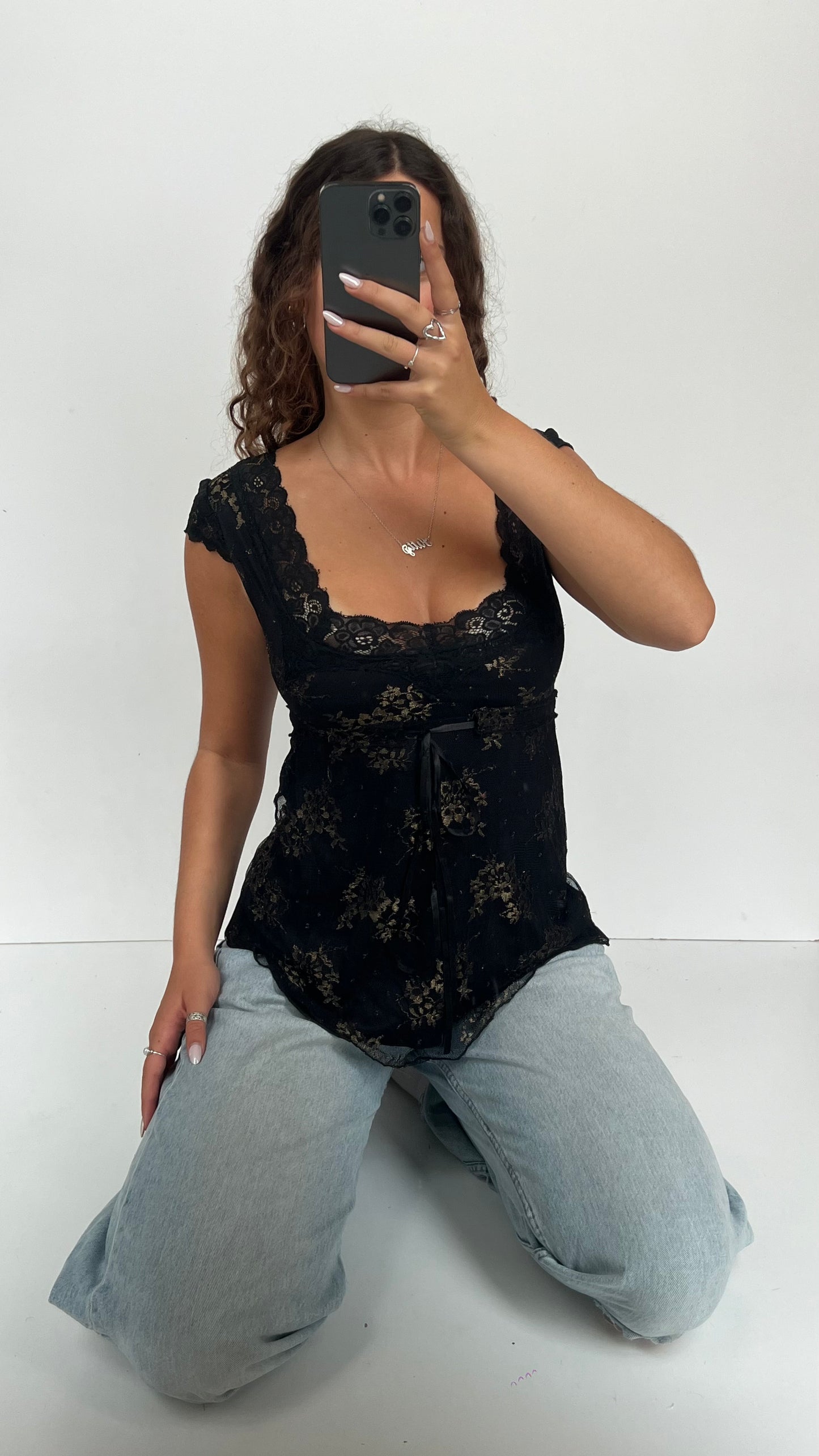 00s black lace babydoll top- size S