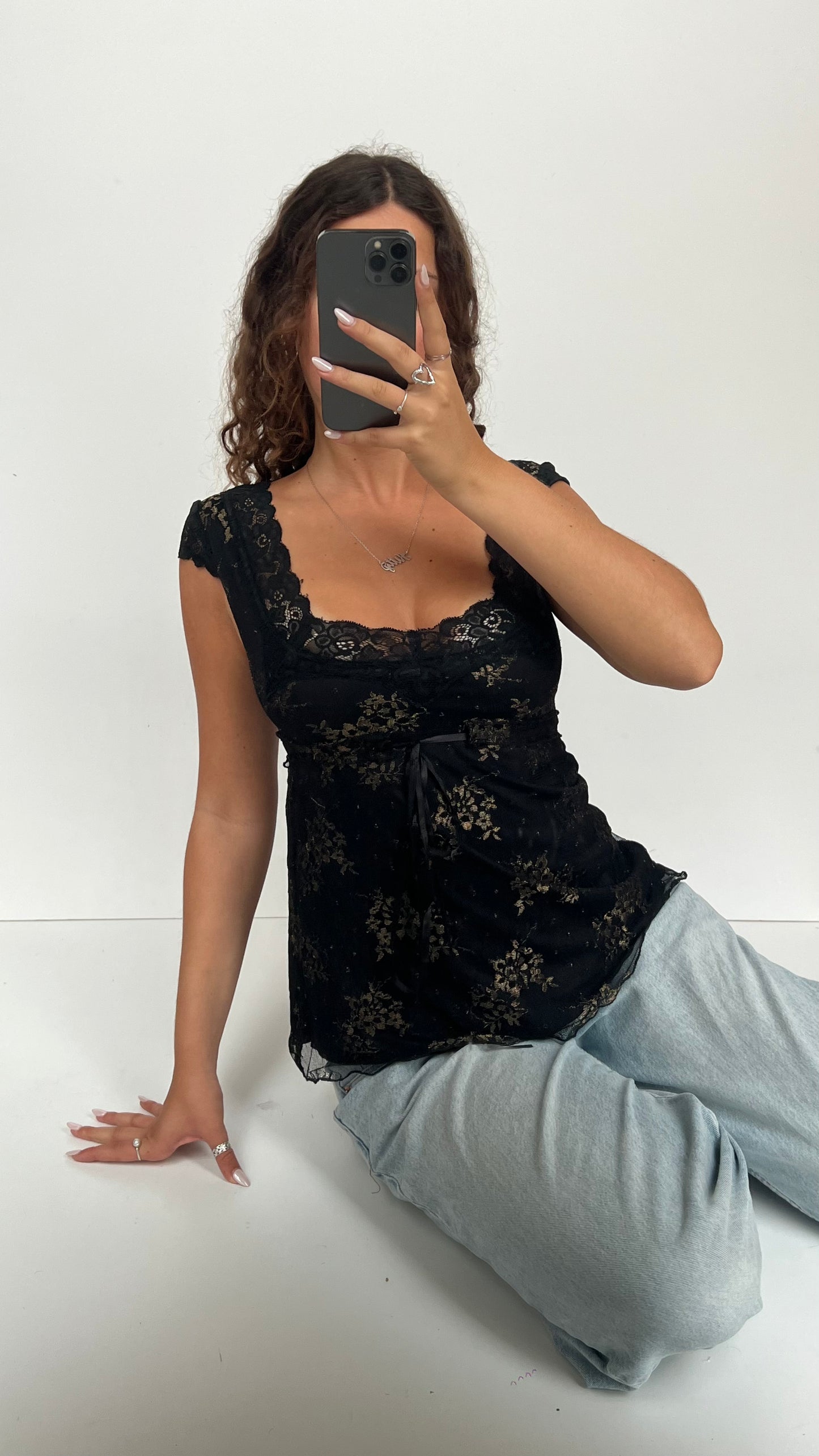 00s black lace babydoll top- size S