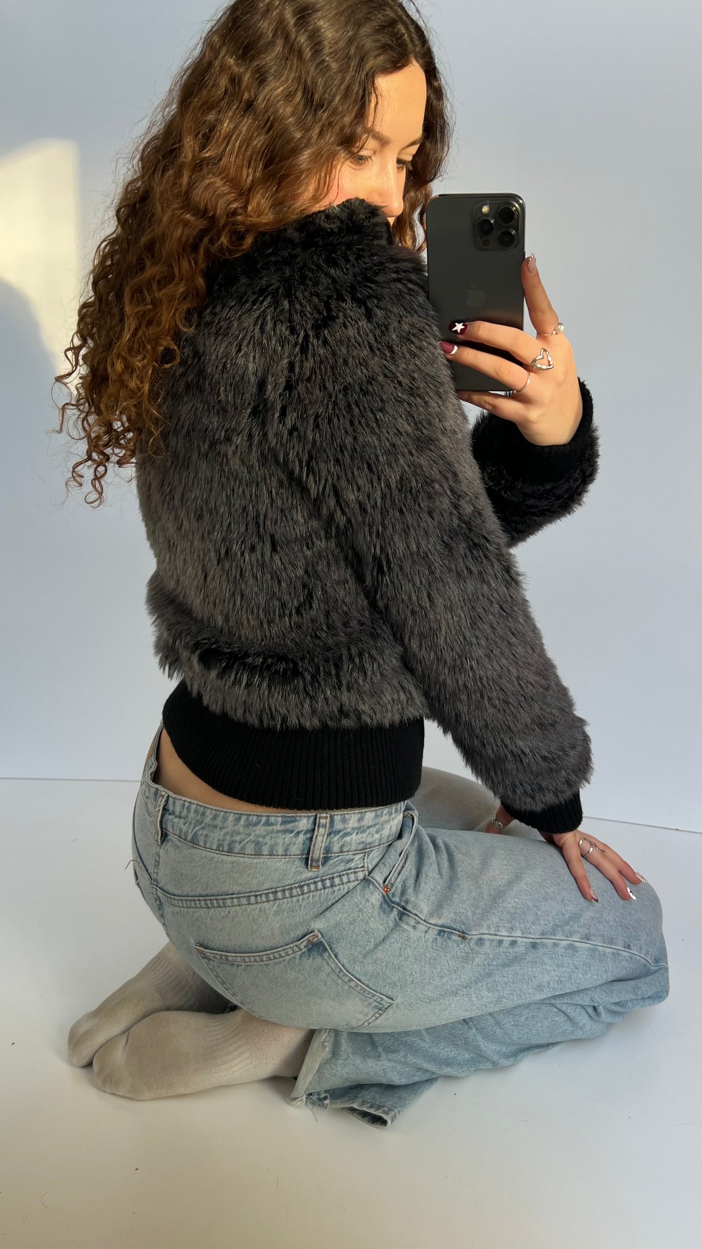00s black fur jacket- size M