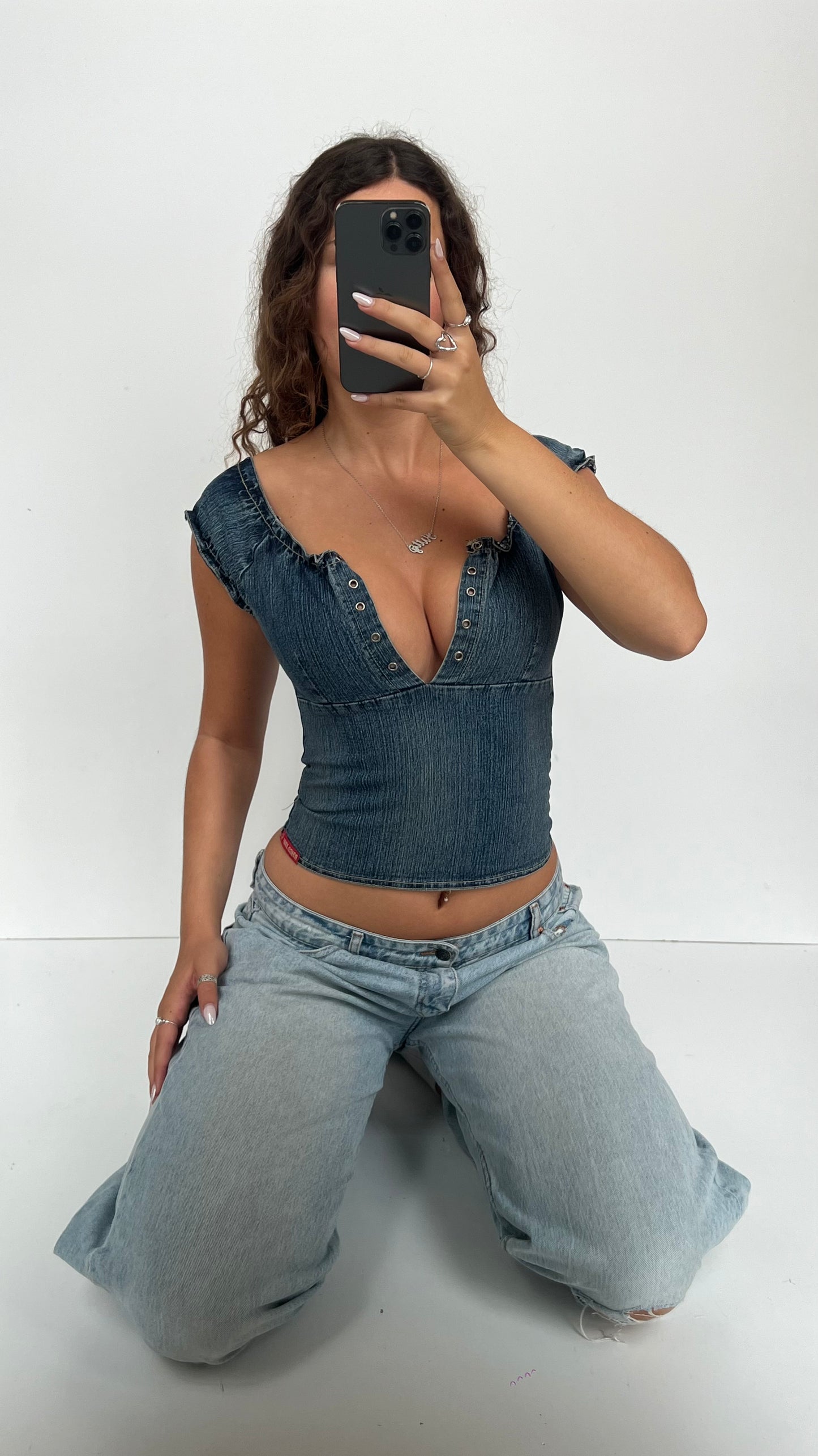 00s denim milkmaid top- size S