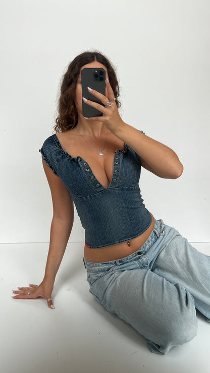 00s denim milkmaid top- size S