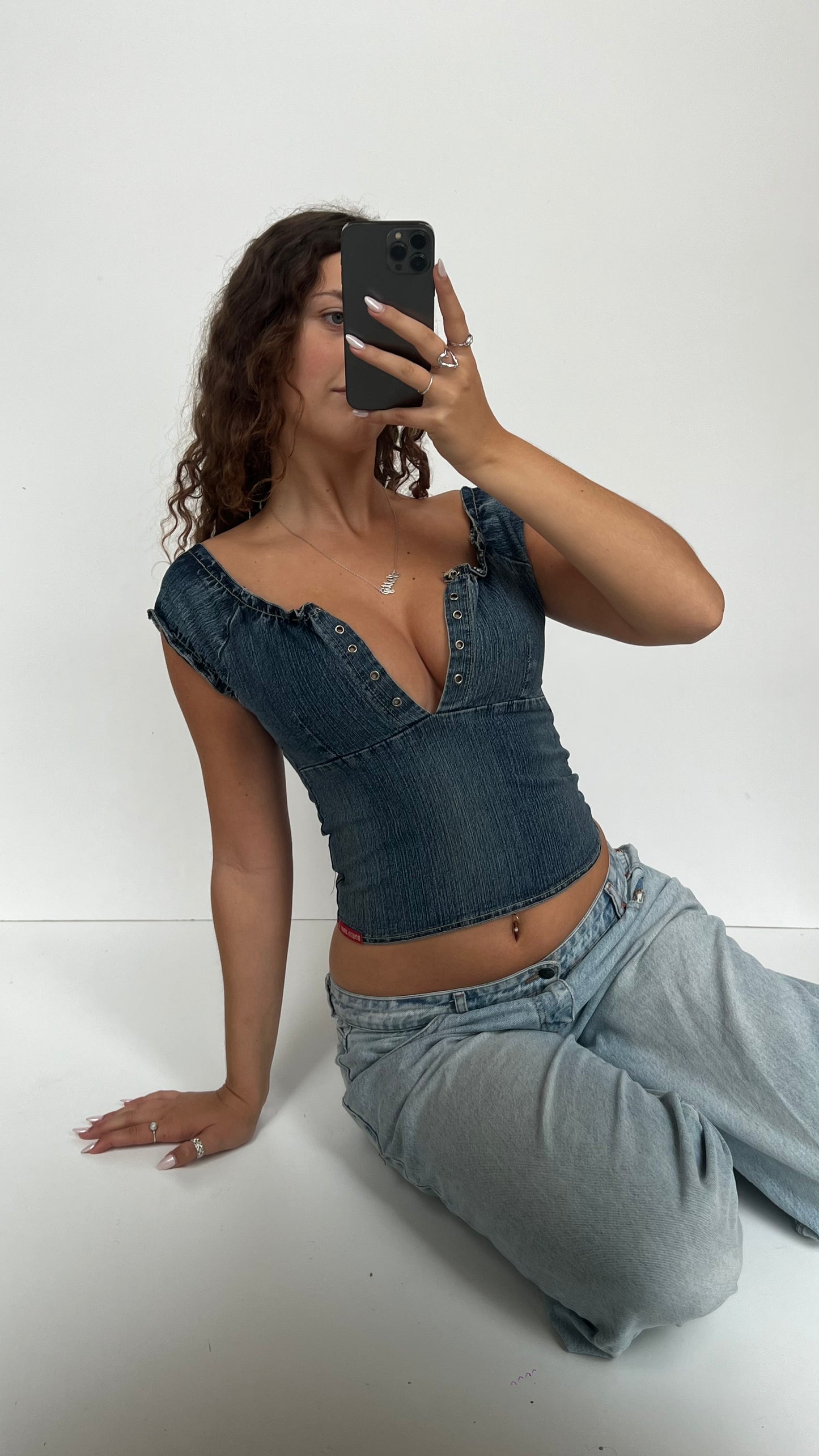00s denim milkmaid top- size S