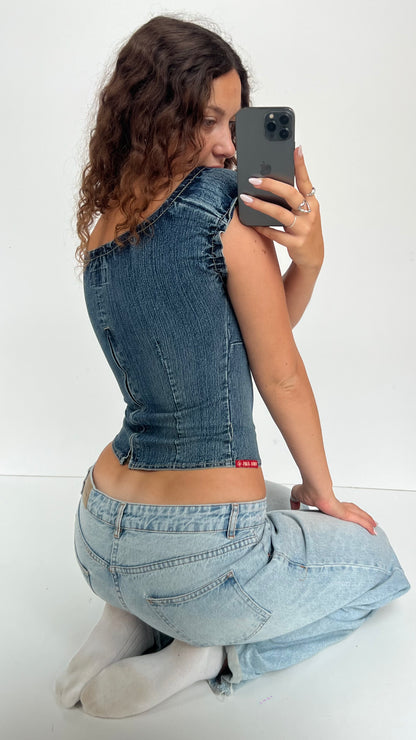 00s denim milkmaid top- size S