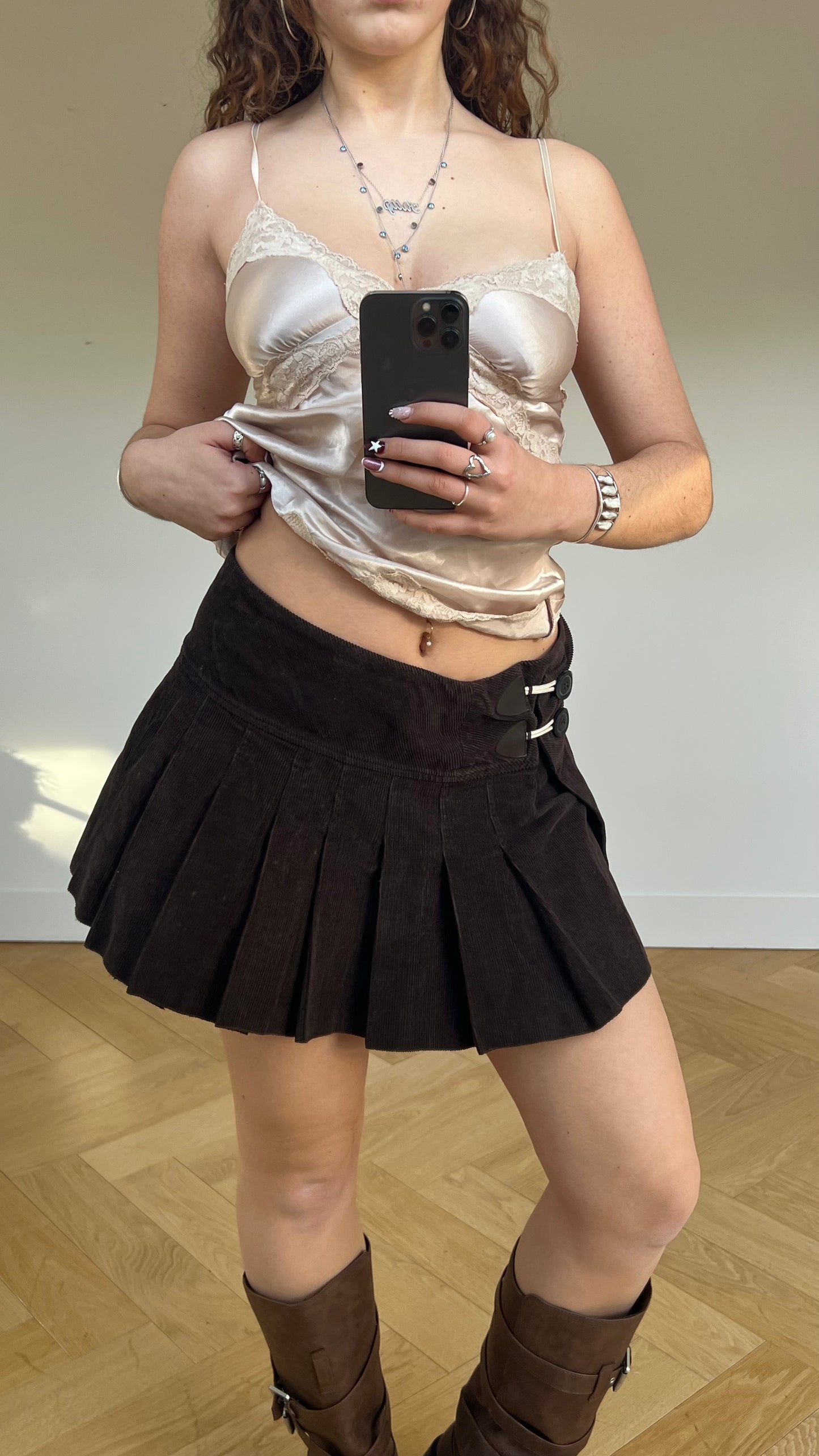 00s brown corduroy mini skirt- size L