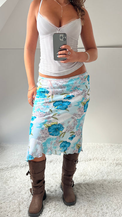 00s blue floral midi skirt- size M