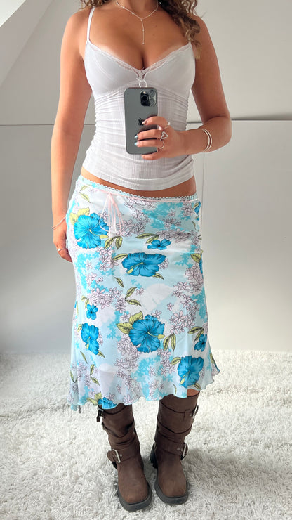 00s blue floral midi skirt- size M
