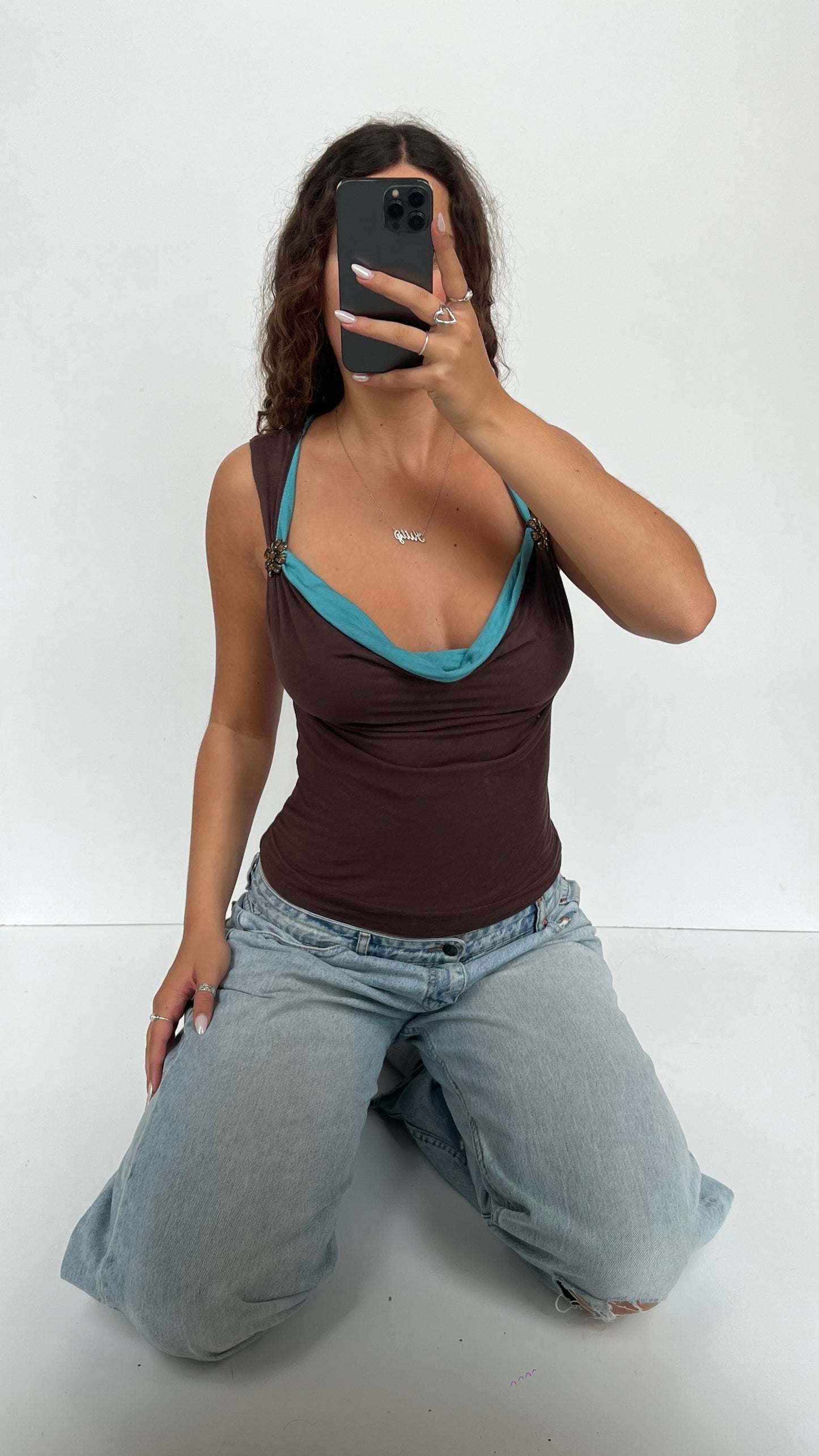 00s brown blue tank top- size M