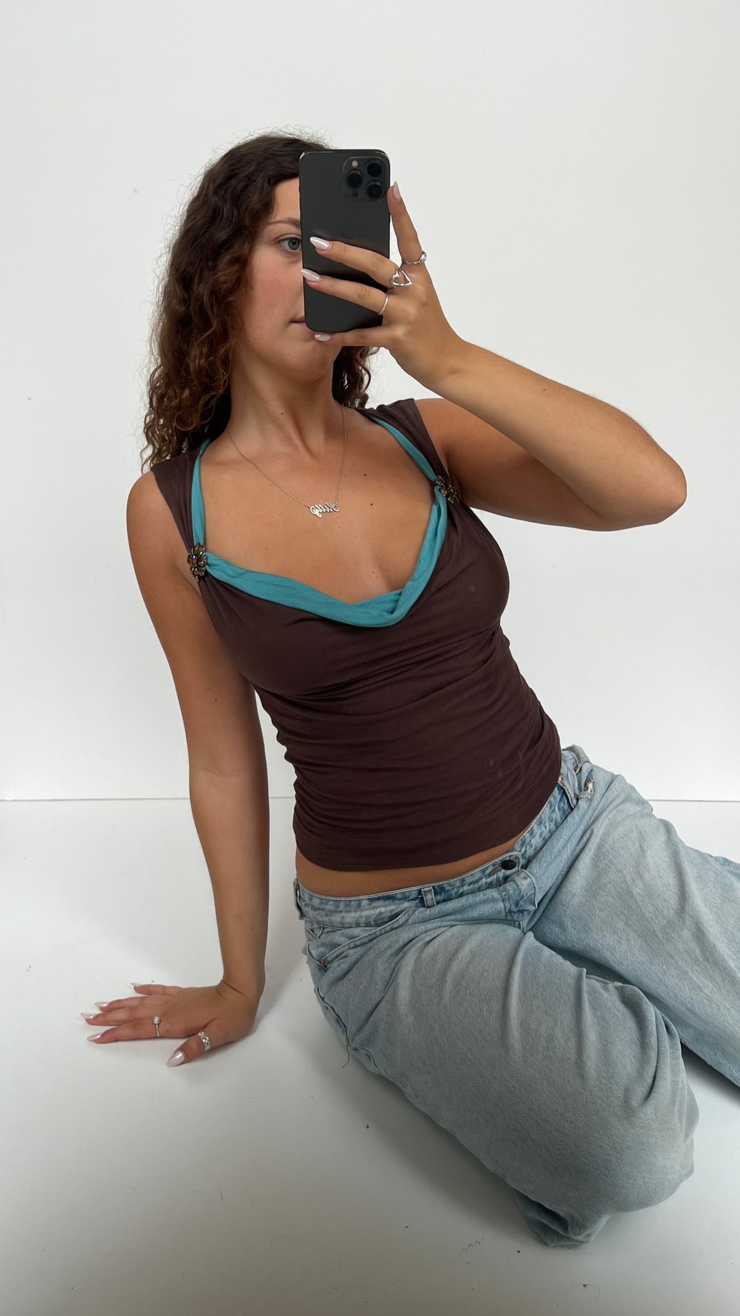 00s brown blue tank top- size M