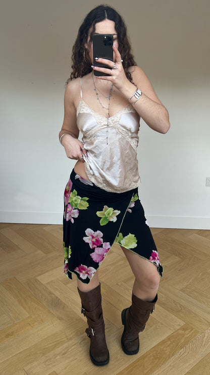 00s black floral midi skirt- size M