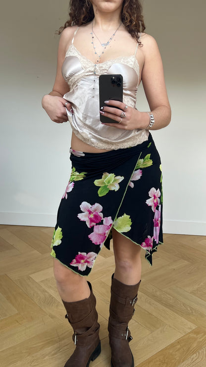 00s black floral midi skirt- size M
