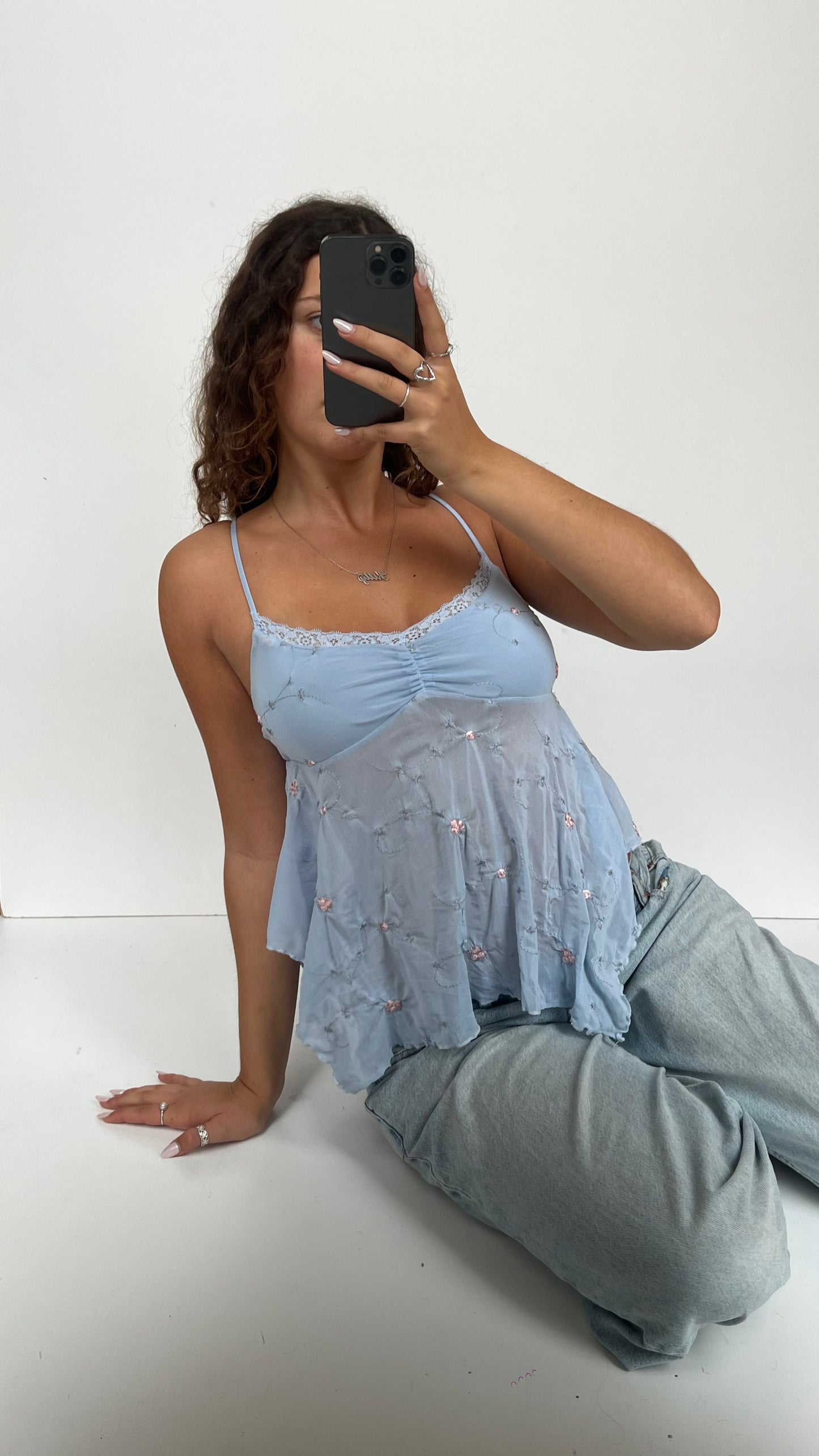 00s blue mesh babydoll cami- size S