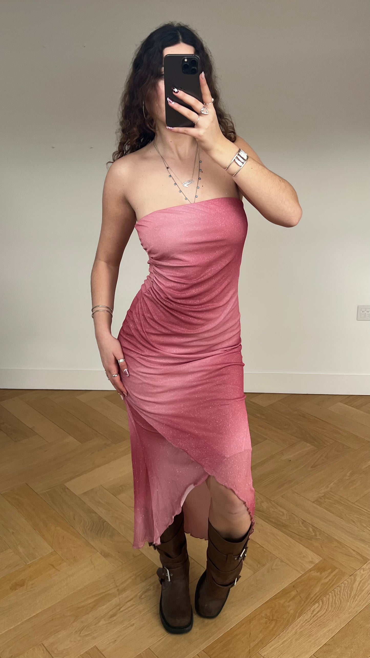 00s pink mesh glitter dress- size M