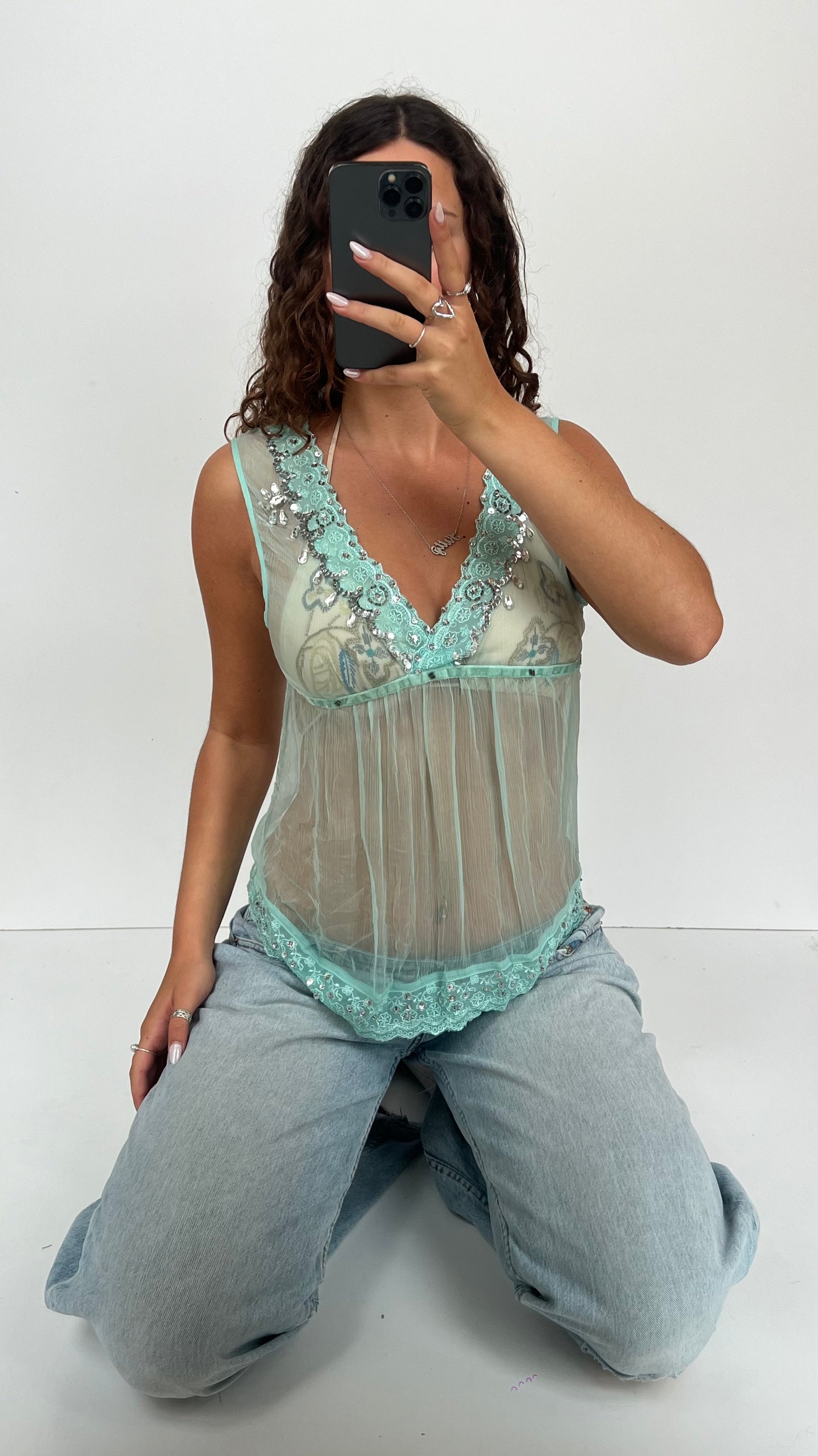 00s teal mesh sequin top- size M